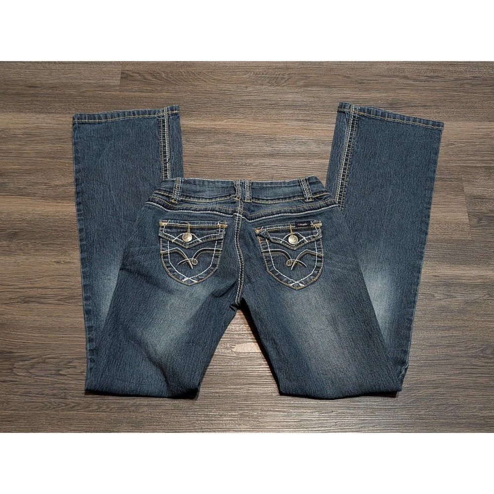 Angels Blue Bootcut Flare Jeans Dark Wash Thick Stitch Size 5 Regular Y2K